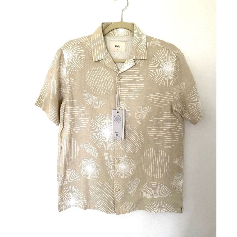 NWT Folk Clothing Jay Shirt Mens Stone Cotton Geometric Relaxed Button Sz S